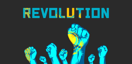 Revolution in Kazakhstan - Background Raised fists against the background of the flag of Kazakhstan