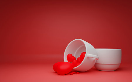 Happy Valentine's day background, hearts spilling out of a cup of coffee, 3D work and 3D illustration.の写真素材