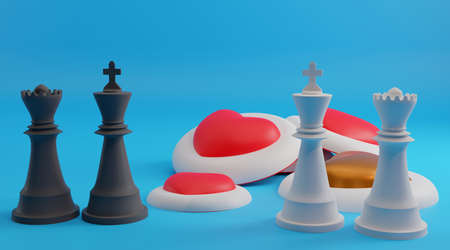 Happy Valentines day, background with cookie hearts and chess king and queen, 3D image, 3D renderingの写真素材