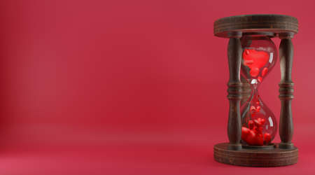 Happy Valentines day background, hourglass with hearts, copy space. Place for text. 3D image, 3D...