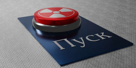Nuclear Start button with text start in Russian, Russia vs Ukraine stop war, Russia and Ukraine. 3D work and 3D illustrationの写真素材