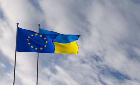 Flags Ukraine and Europe, Save ukraine. 3D work and 3D illustration