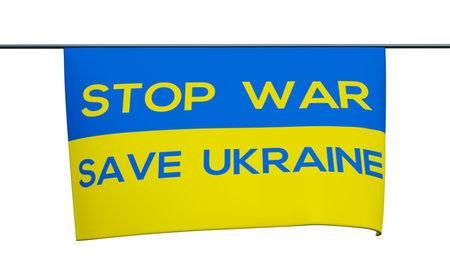 Flags Ukraine with text Stop war, Save Ukraine. on white background. 3D work and 3D illustrationの写真素材