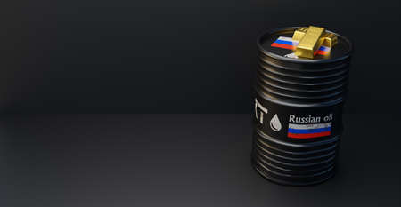 Russian oil barrel and 999 gold ingot. top view on a black backgroundの写真素材