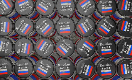 Warehouse Russian oil barrel, background with barrel. Barrels with colors Russian flag. Angle from...