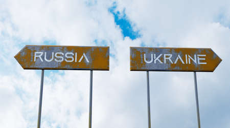 Russia and Ukraine negotiations, Road signs with inscriptions Ukraine and Russia