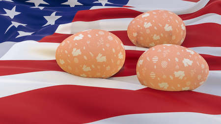 Easter poster and banner, Happy Easter USA. Eggs on the flag USA background. 3D work and 3D image. copy spaceの写真素材
