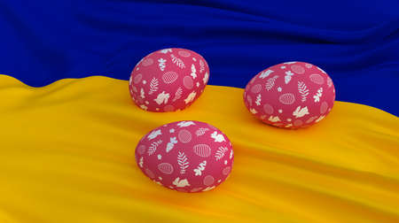 Easter poster and banner, Happy Easter Ukraine. Ð•ggs on the flag Ukraine background. 3D work and...