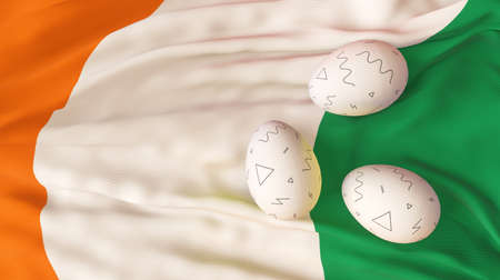 Easter poster and banner, Happy Easter Ireland. Eggs on the flag Ireland background. 3D work and 3D...