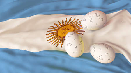 Easter poster and banner. Easter Argentina. Eggs on the flag Argentina background. 3D work and 3D...