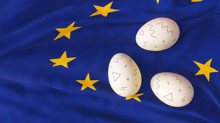 Easter poster and banner. Easter Europe. Eggs on the flag Europa background. 3D work and 3D image....