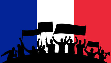 Protest in France. Rally in France. France. flag and silhouettes of people with posters.