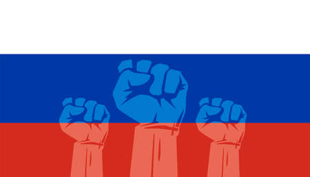 Protest in Russia. Rally in Russia. Russian flag and silhouettes with fists