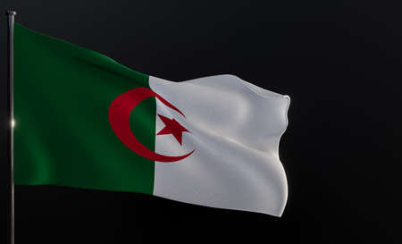 Flag Algeriaâ¤ Fabric flag Algeria on the black background. Copy spaceâ¤ 3D work and 3D illustrationの写真素材