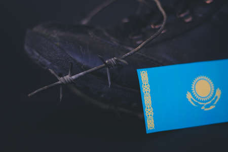 Kazakhstan army, military boots flag Kazakhstan and Barbed Wire, military conceptの写真素材