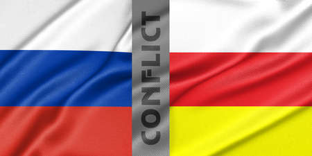 Conflict Russia and North Ossetia, war between Russia vs North Ossetia, fabric national flag Russia and Flag North Ossetia, war crisis concept. 3D work and 3D imageの写真素材