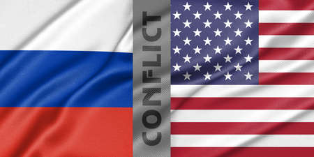 Conflict Russia and USA, war between Russia vs USA, fabric national flag Russia and Flag USA, war crisis concept. 3D work and 3D imageの写真素材