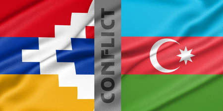 Conflict Artsakh and azerbaijan, war between Artsakh vs azerbaijan, fabric national flag Artsakh and Flag azerbaijan, war crisis concept. 3D work and 3D imageの写真素材