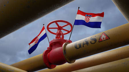 Valve on the main gas pipeline Croatia, Pipeline with flags Croatia, Pipes of gas to Croatia, import...