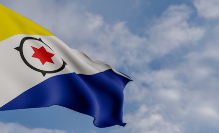 National flag Caribbean Netherlands, Caribbean Netherlands flag, fabric flag Caribbean Netherlands, blue sky background with Caribbean Netherlands flag, 3D work and 3D imageの写真素材