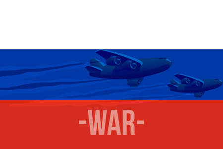 War in Russia, flag of Russia with the shadow of military aircraft, War between Russia and Ukraine, Russia Ukraine in world war crisis conceptの写真素材
