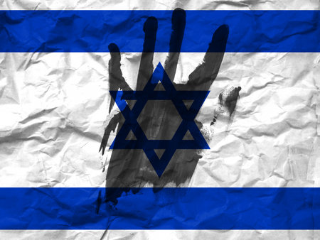 War in Israel, concept of protest against the war, Stop the war and save lives, flag of Israel and the symbol of the hand to stop the war.の写真素材