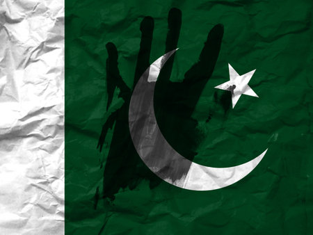 War in Pakistan, concept of protest against the war, Stop the war and save lives, flag of Pakistan and the symbol of the hand to stop the war.の写真素材