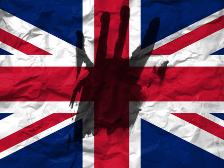 War in United Kingdom, concept of protest against the war, Stop the war and save lives, flag of United Kingdom and the symbol of the hand to stop the war.の写真素材
