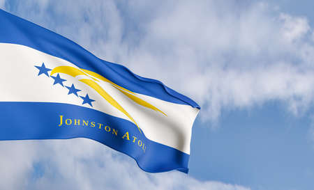 National flag Johnston Atoll on the background of clouds, fabric flag Johnston Atoll, blue sky...