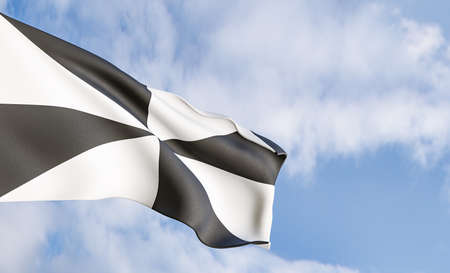 National flag Ceuta on the background of clouds, fabric flag Ceuta, blue sky background with Ceuta...
