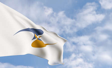 Organization flag Eurasian Economic Union on the background of clouds, fabric flag Eurasian Economic Union, blue sky background with EEU flag, 3D work and 3D imageの写真素材