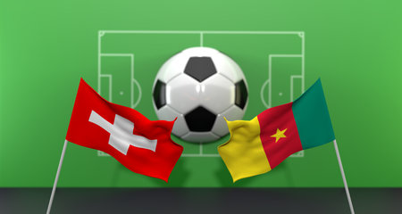 Switzerland vs Cameroon soccer Match , on blur background with soccer field, 3D work and 3D imageの素材 [FY310193702483]