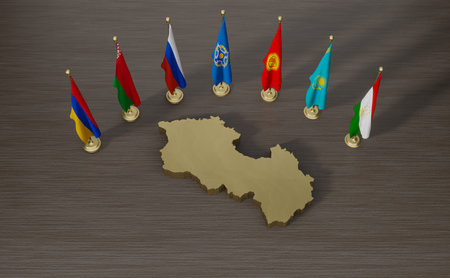 CSTO Collective Security Treaty Organization against war Armenia and azerbaijan, Support Armenia, Flags CSTO and gold Armenia map, 3D work and 3D illustration. Yerevan, Armenia - 2022 Sep 13の写真素材
