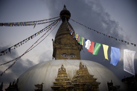 Swoyambhunath stupa. Wisdom eyes in deep eveningの写真素材