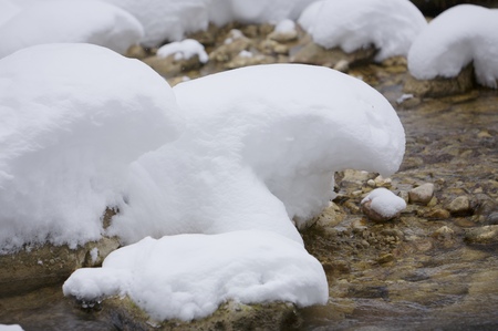 Snow dolphin. River snow bank on a rocks like winter dolphinsの写真素材