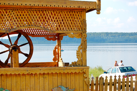 Carved wooden tower over the well at lake Igjboolat Sverdlovsk region. detail, circumstanceの写真素材