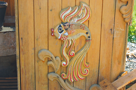 Carved wooden tower over the well at lake Igjboolat Sverdlovsk region. detail, circumstanceの写真素材