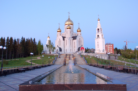 June 11, 2013 The city of Khanty-Mansiysk. Alley of Slavonic writing, A temple in the name of the Resurrection of Christ in the backgroundのeditorial素材