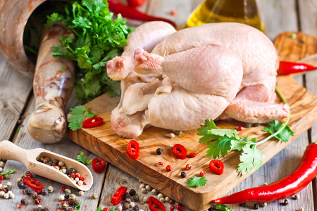 Raw chicken with spices and cilantro ready to be preparedの写真素材