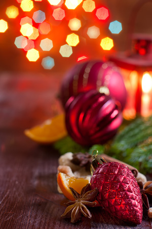 Red christmas decoration background. Selective focus.の写真素材