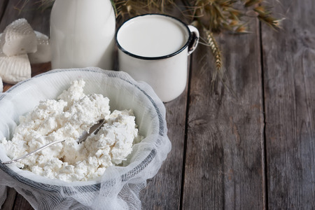 Tzfat cheese, milk, cottage cheese, wheat and oat grains on old wooden background. Concept of judaic holiday Shavuot.の写真素材