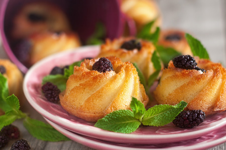 Sweet cakes served with mint leaves and black mulberryの写真素材