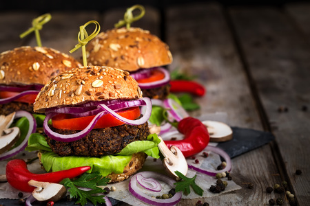 Veggie mushroom and lentil burgers. Copyspace background.の写真素材