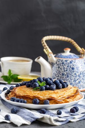 Healthy vegan pancakes crepe with blueberry.の写真素材