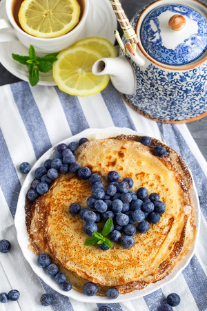 Healthy vegan pancakes crepe with blueberryの写真素材