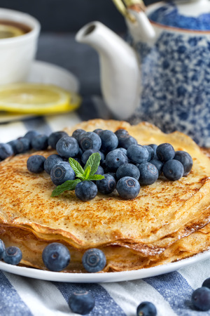 Healthy vegan pancakes crepe with blueberry.の写真素材