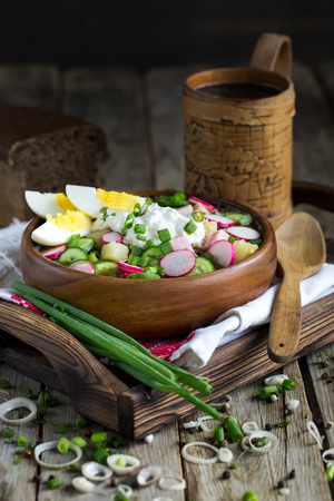 Russian traditional cold soup okroshka with potato, ham, cucmebers, eggs, radish, spring onion and kvass.の写真素材