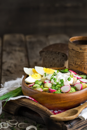 Russian traditional cold soup okroshka with potato, ham, cucmebers, eggs, radish, spring onion and kvass. Copyspace background.の写真素材