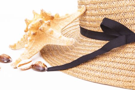 Sea star and sea shells on white background. Relaxation concept.の写真素材
