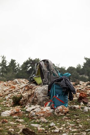 Hiking equipment. Hiking in nature. Autumn and winter concept.の写真素材